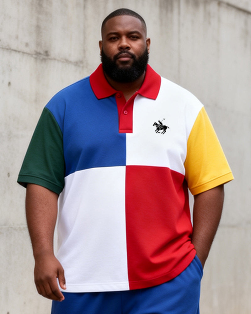 Big & Tall Men's Four-color Stitching Printed POLO Short-sleeved Shorts Set
