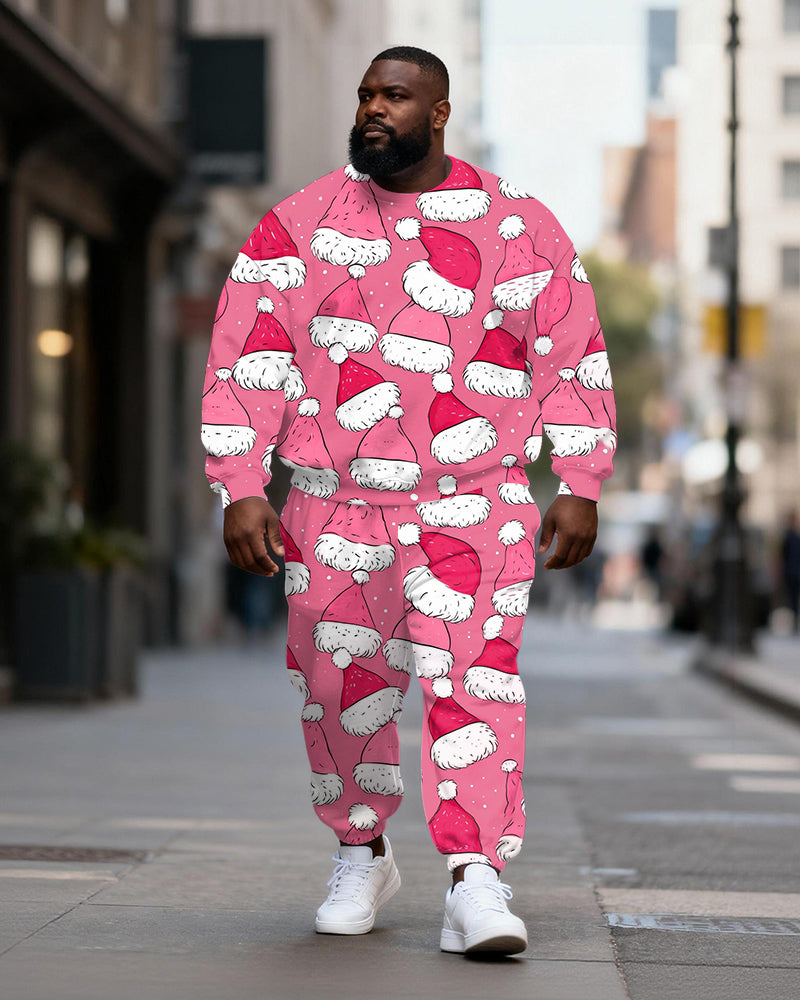 Big & Tall Men's Pink Christmas Hat Printed Crewneck Sweat Set