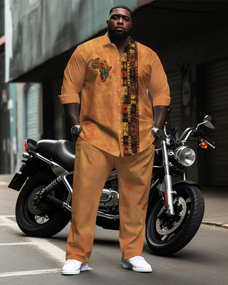 Big & Tall Men's Warm Brown Africa Map Totem Print Long Sleeve Shirt Pants Set