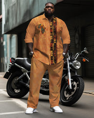 Big & Tall Men's Warm Brown Africa Map Totem Print Long Sleeve Shirt Pants Set