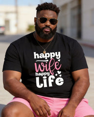 Big & Tall Men's "happy Wife Happy Life" Pink Printed Round Neck Short Sleeve T-shirt Shorts Set