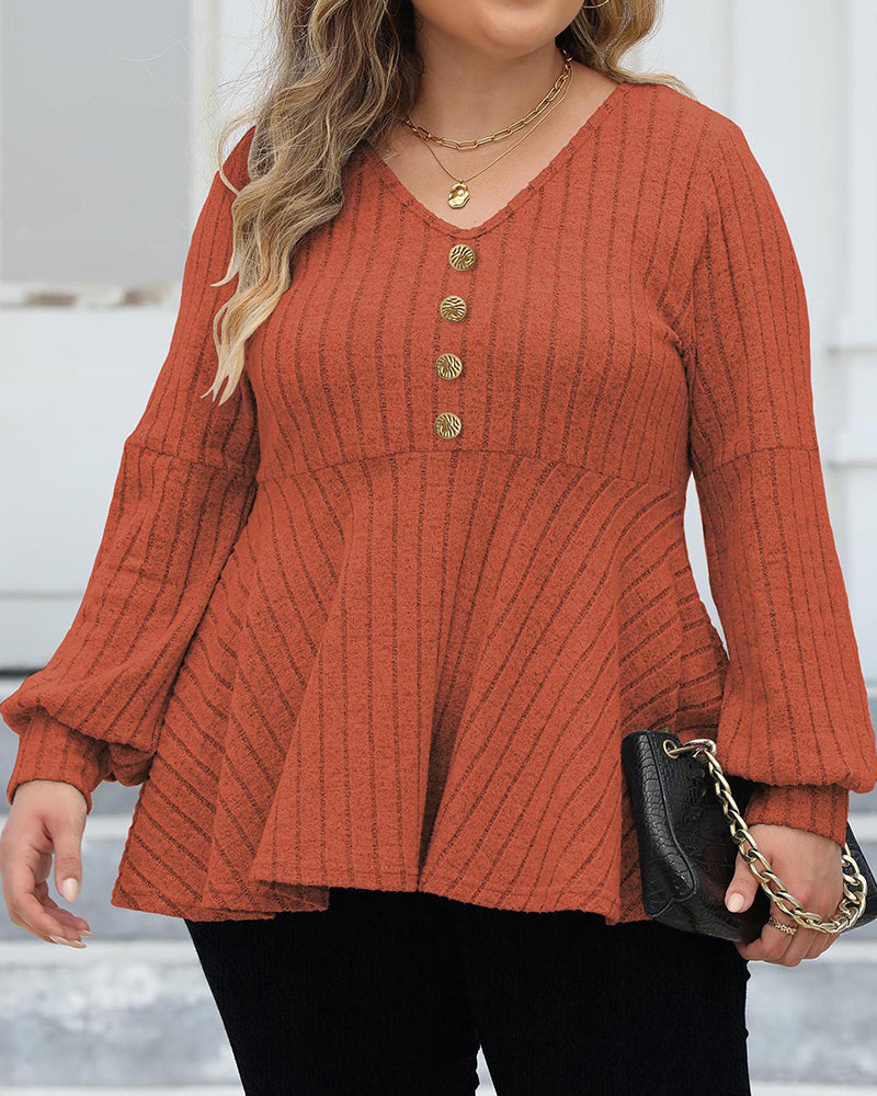 Women's Large Solid Color Striped V-neck Gold Button T-shirt L-5XL