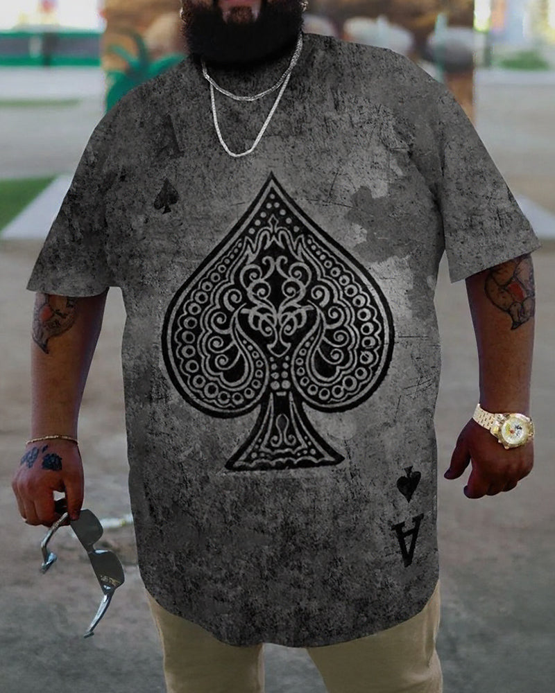 Big & Tall Men's Distressed Gray Spades A Print Round Neck Short Sleeve T-shirt
