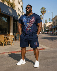 Big & Tall Men's American Flag Eagle Print Crewneck Short Sleeve T-Shirt Shorts Set
