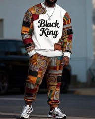Big & Tall Men's Black King African Pattern Patchwork Printed Round Neck Sweat Set