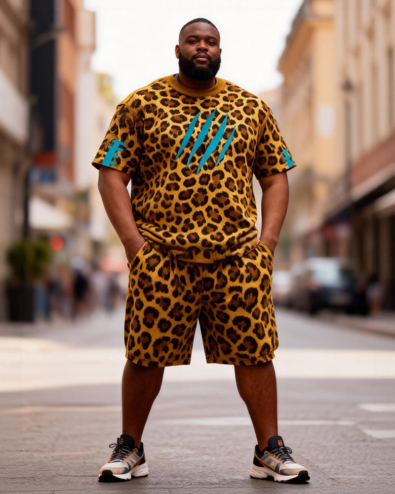 Big & Tall Men's Leopard Print Short Paw Print Round Neck Short Sleeve T-Shirt Shorts Set
