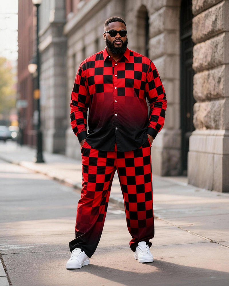 Big & Tall Men's Red And Black Checkerboard Gradient Print Long Sleeve Shirt Pants Set