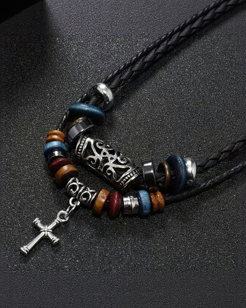 Vintage Cross Feather Double Beaded Turquoise Beaded Necklace