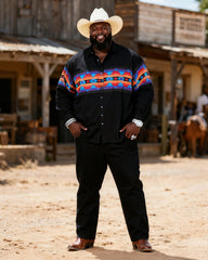 Big & Tall Men's Western Color Navajo Pattern Patchwork Printed Long Sleeve Shirt Pants Set