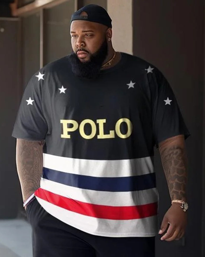 Big & Tall Men's Letter Black Gold Star Embellished Striped Printed Round Neck Short Sleeve T-Shirt Shorts Set