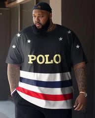 Big & Tall Men's Letter Black Gold Star Embellished Striped Printed Round Neck Short Sleeve T-Shirt Shorts Set