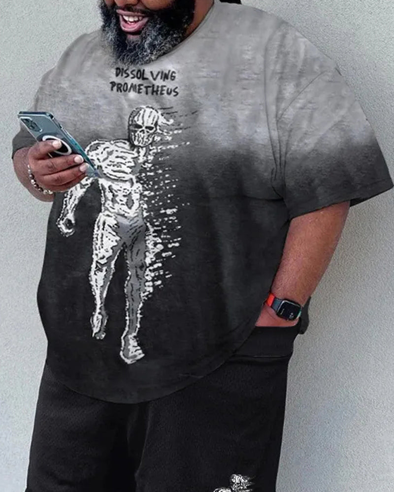 Big & Tall Men's Gray-black Gradient Skull Print Round Neck Short Sleeve T-shirt Shorts Set
