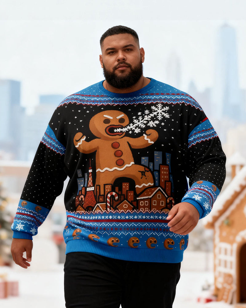 Big & Tall Men's Christmas Blue Gingerbread Man Print Crewneck Ugly Sweater
