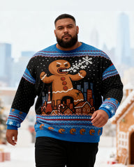 Big & Tall Men's Christmas Blue Gingerbread Man Print Crewneck Ugly Sweater