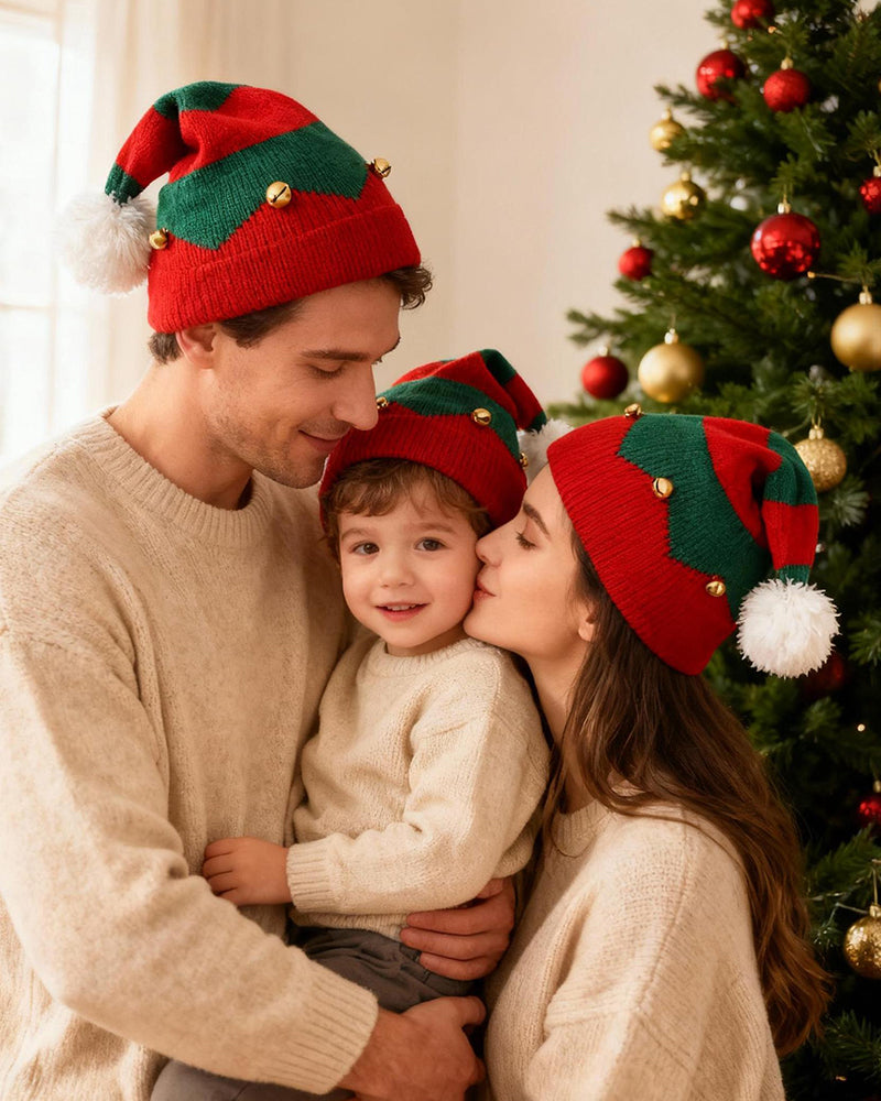 Autumn And Winter Classic Red And Green Color Matching Elves Christmas Hat Knitted Parent Hat Gift