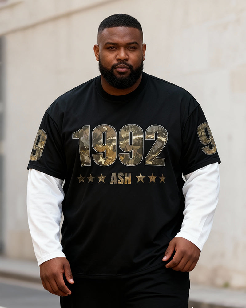 Big & Tall Men's Camouflage 1992 Printed Fake Two-piece Long-sleeved T-shirt