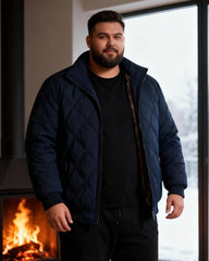 Big & Tall Men's Solid Color Vertical Neck Thickened Diamond Plaid Cotton Jacket M-5XL