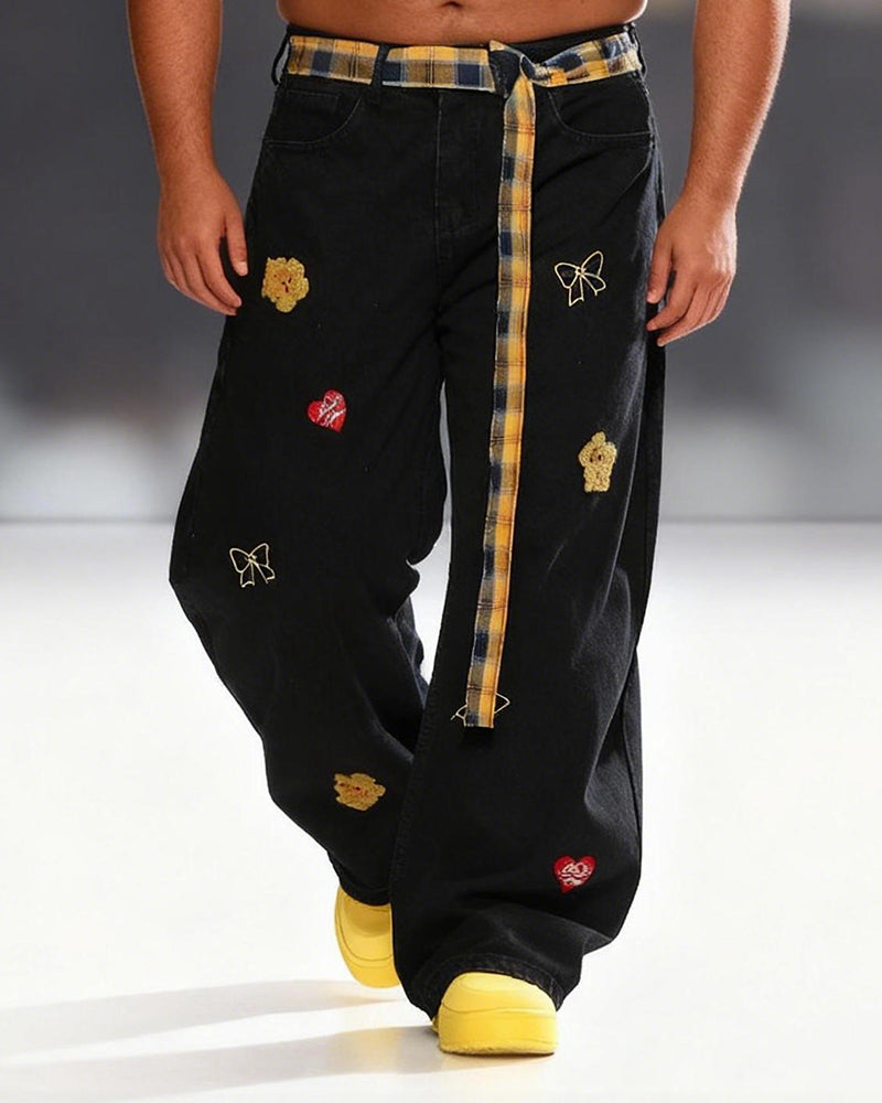 Big & Tall Men's Cartoon Embroidered Loose Jeans With Plaid Belt  S-3XL