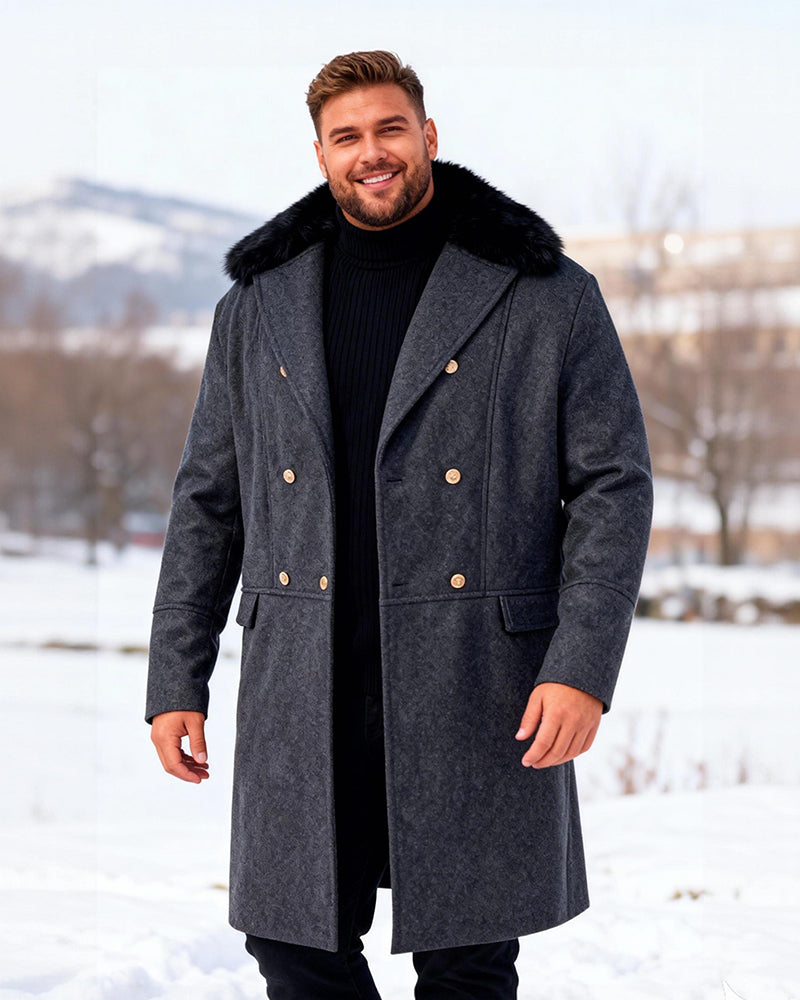 Big & Tall Men's Casual Big Wool Collar Woolen Solid Color Double-breasted Coat S-5XL