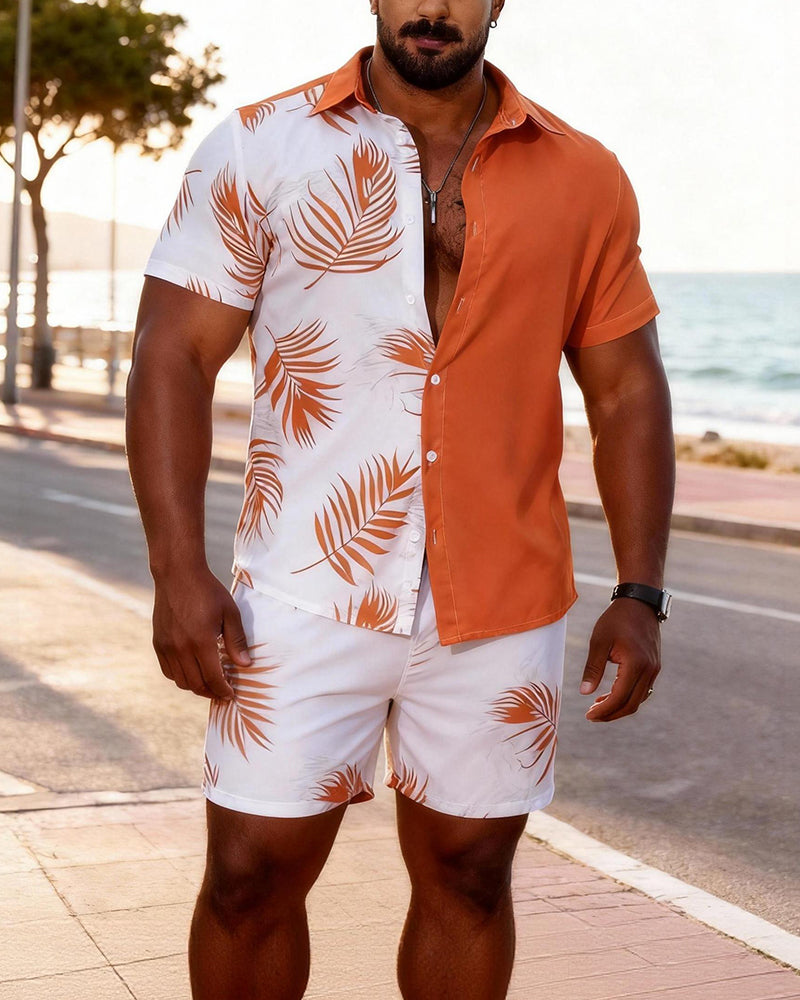 Big & Tall Men's Orange And White Palm Contrast Printed Short Sleeve Shirt Shorts Set