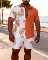 Big & Tall Men's Orange And White Palm Contrast Printed Short Sleeve Shirt Shorts Set