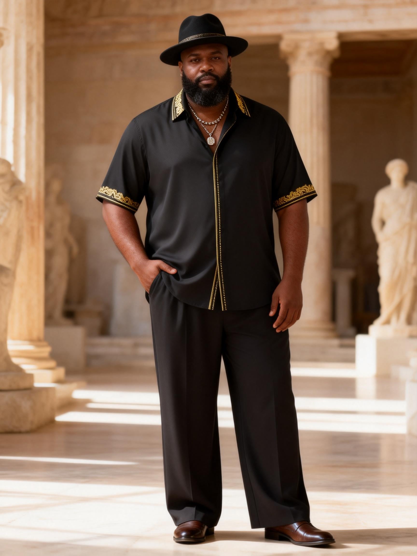 Big & Tall Men's Black Gold Trim Light Luxury Printed Short-sleeved Shirt Pants Set