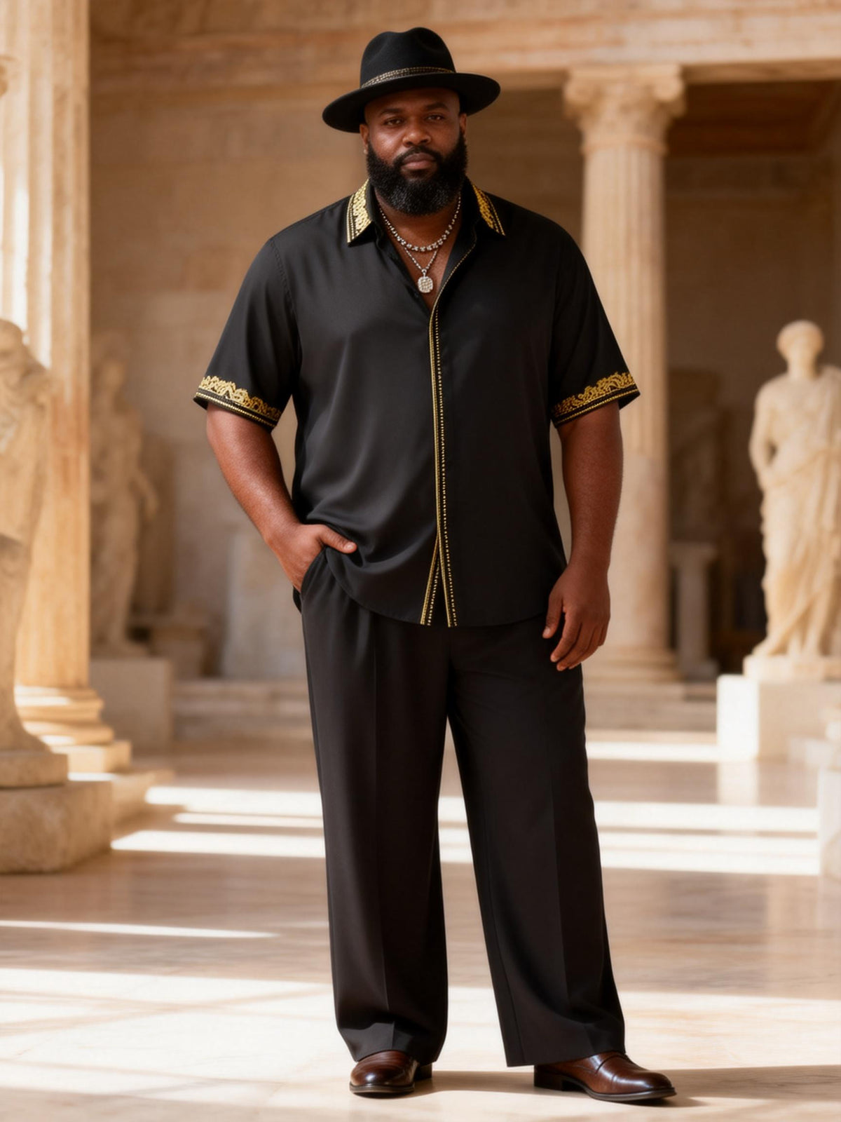 Big & Tall Men's Black Gold Trim Light Luxury Printed Short-sleeved Shirt Pants Set