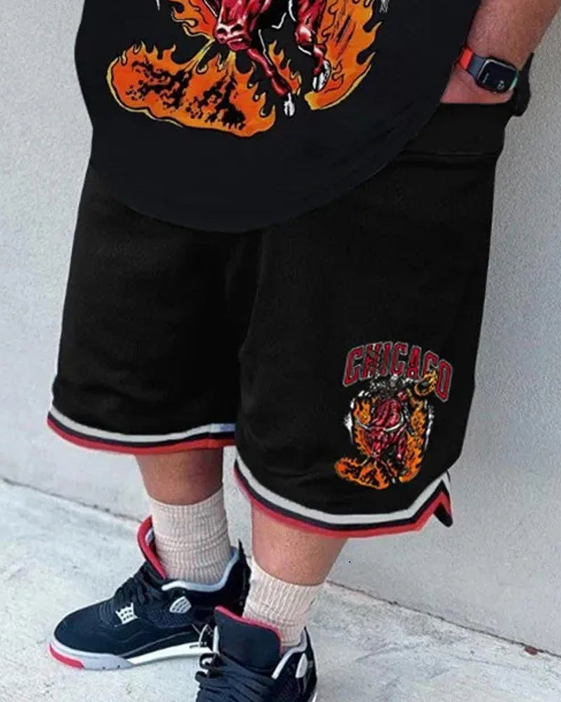 Big & Tall Men's Black Flame Letter Print Round Neck Short Sleeve T-Shirt Shorts Set