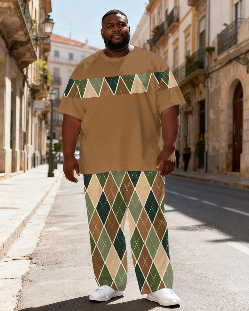 Big & Tall Men's Retro Brown Green Rhomboid Printed T-Shirt Pants Set
