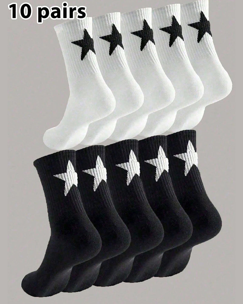 5 Pairs/10 Pairs Men/Women Solid Color Ankle Socks,  Black & White, Versatile Crew Socks For All Seasons, Fall