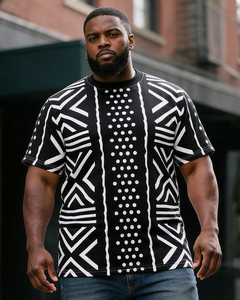 Big & Tall Men's Black And White Geometric Polka Dot African Print Round Neck Short Sleeve T-Shirt