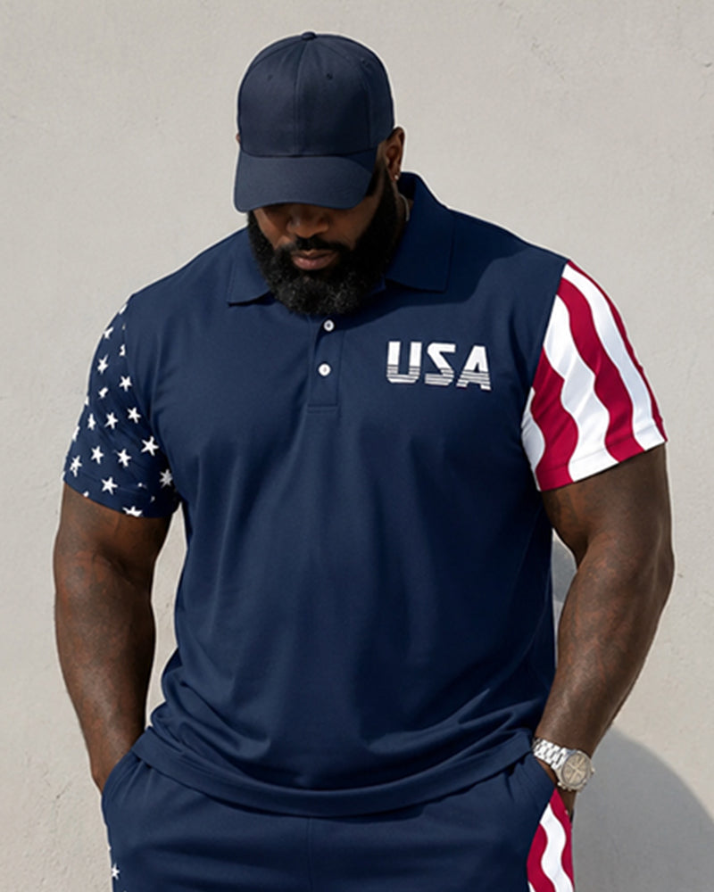 Big & Tall Men’s Striped USA Letter-Print Polo Shirt And Shorts Set