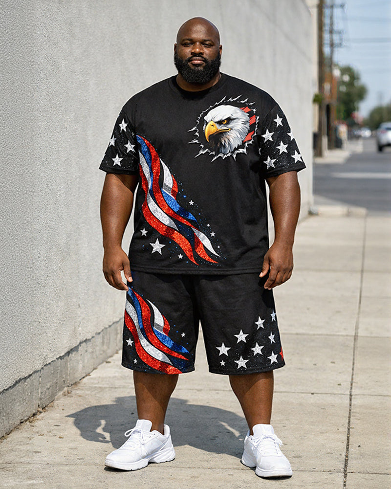 Big & Tall Men's American Flag Eagle Star Print Round Neck Short Sleeve T-Shirt Shorts Set
