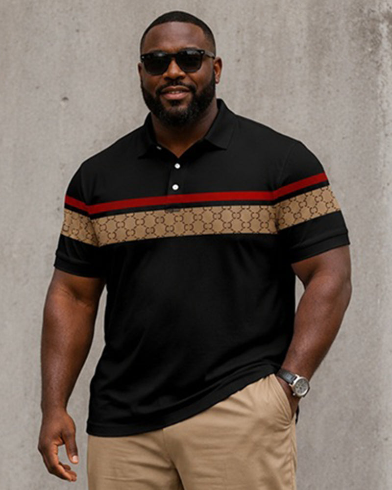Big & Tall Men's Black And Red Stripe Patchwork Printed Polo Short Sleeve Pants Set