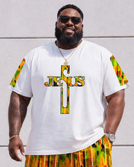 Big & Tall Men's Ethnic Pattern Stitching JESUS Cross Letter Printed Round Neck Short Sleeve T-Shirt Shorts Set