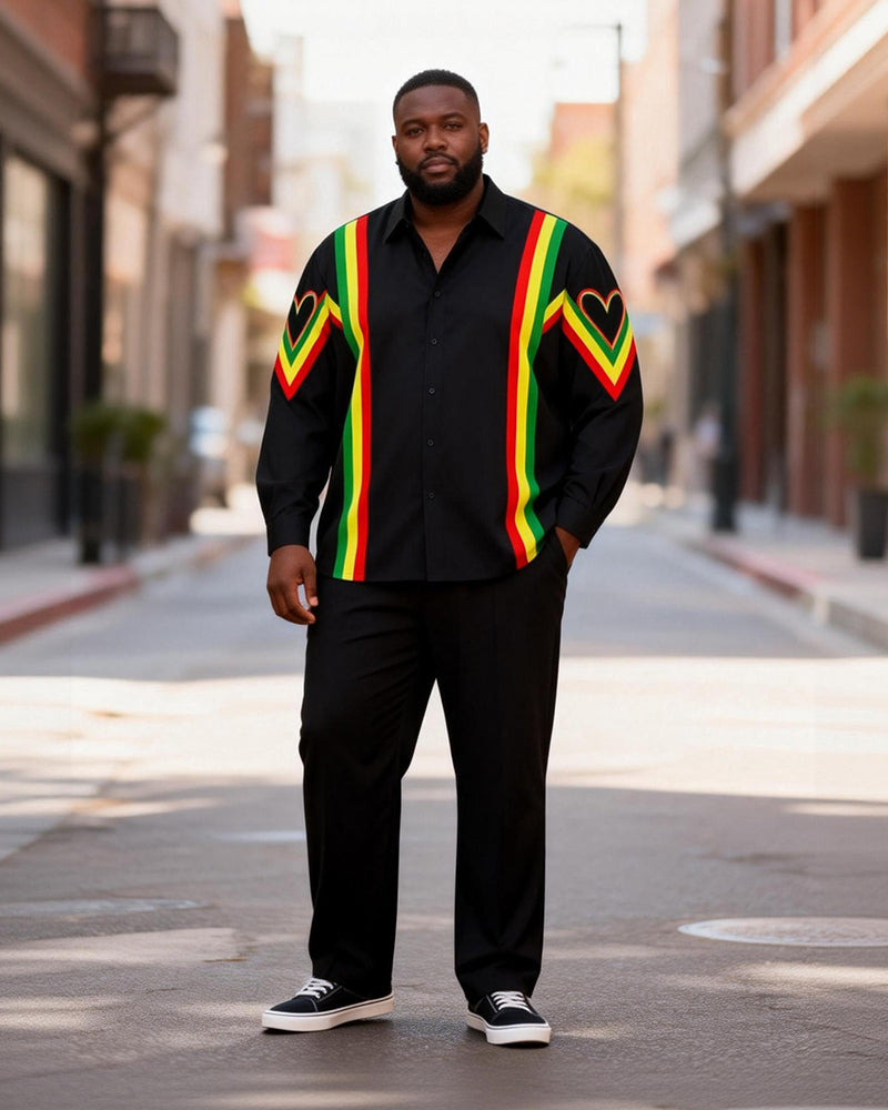 Big & Tall Men's Reggae Color Matching Love Striped Printed Long Sleeve Shirt Pants Set