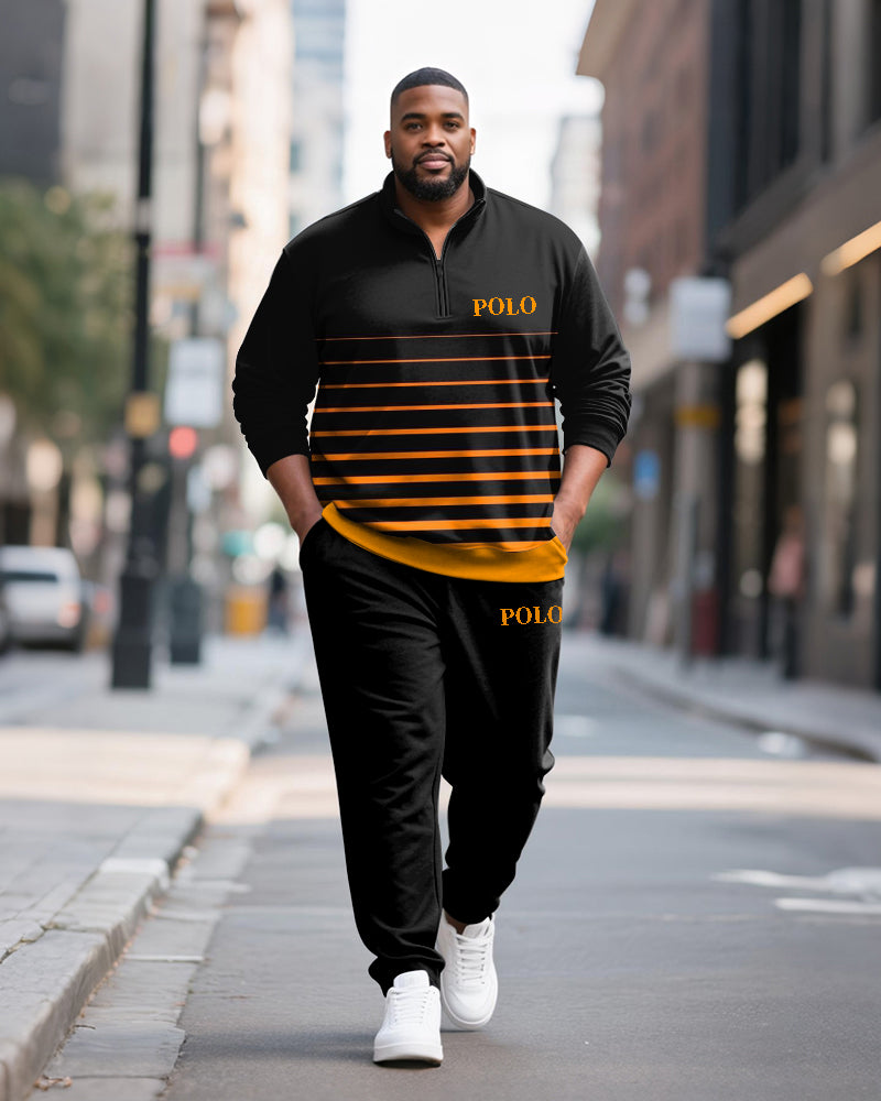 Big & Tall Men's Black And Yellow Striped Letter Printed POLO Collar Zipper Long Sleeve Pants Two-Piece Set