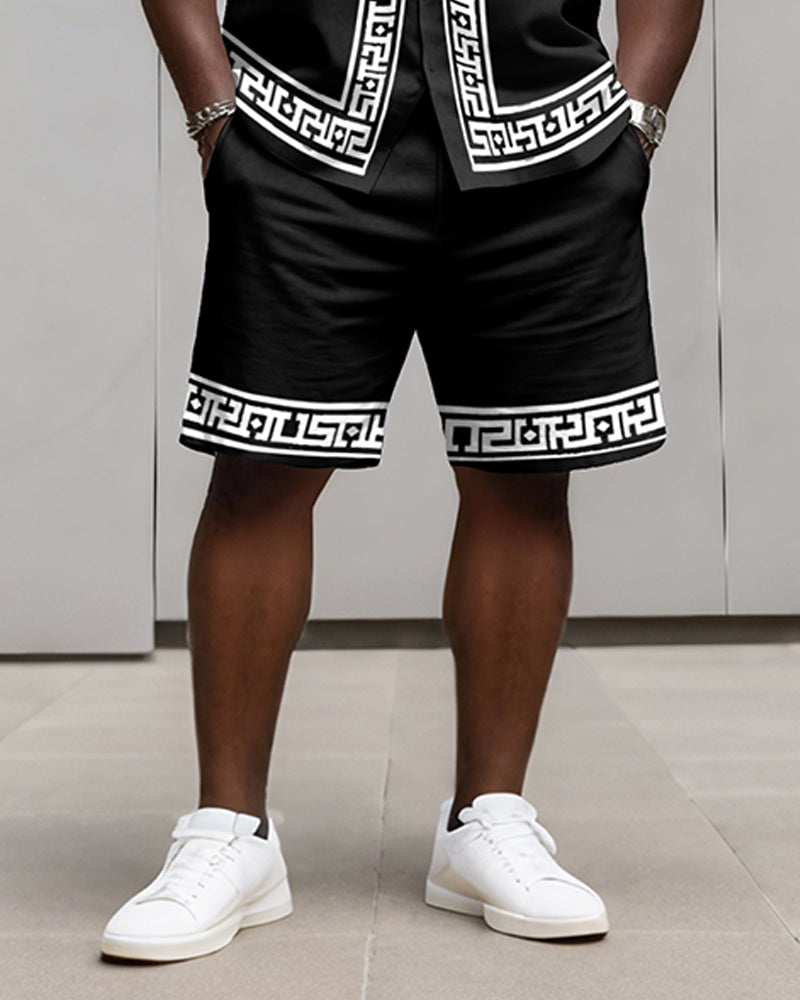 Big & Tall Men's Business Black Retro Geometric Print Long Sleeve Shirt Shorts Set