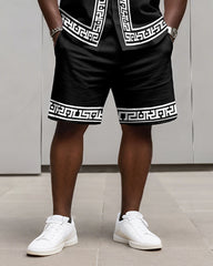 Big & Tall Men's Business Black Retro Geometric Print Long Sleeve Shirt Shorts Set