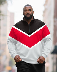 Big & Tall Men's Black And Red Striped Contrast Printed POLO Collar Zipper Long Sleeve Pants Two-piece Set