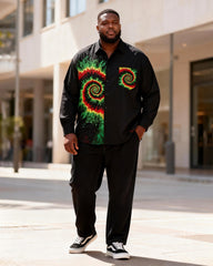 Big & Tall Men's Red, Yellow And Green Swirl Tie-dye Stitching Printed Long Sleeve Shirt And Trousers Set