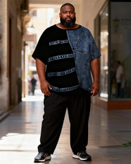 Big & Tall Men's Black And Blue Denim Patchwork Printed T-Shirt Pants Set