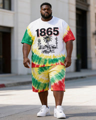 Big & Tall Men's 1865 Coconut Tree Landscape Tie-Dye Print Crewneck Short Sleeve T-Shirt Shorts Set