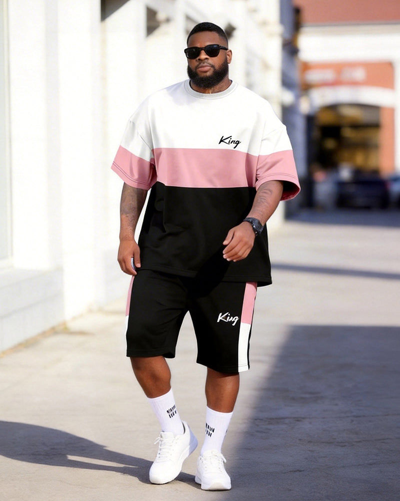 Big & Tall Men's Pink White Black Color Matching King Letter Printed Round Neck Short Sleeve T-shirt Shorts Set