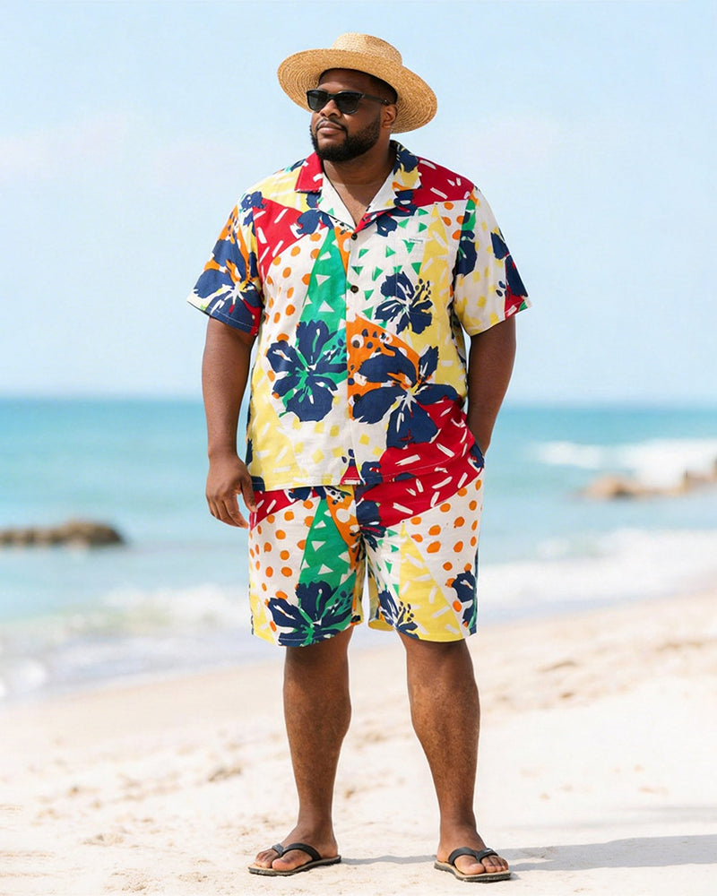 Big & Tall Men's Colorful Polo Hibiscus Flower Printed Short Sleeve Shirt Shorts Set