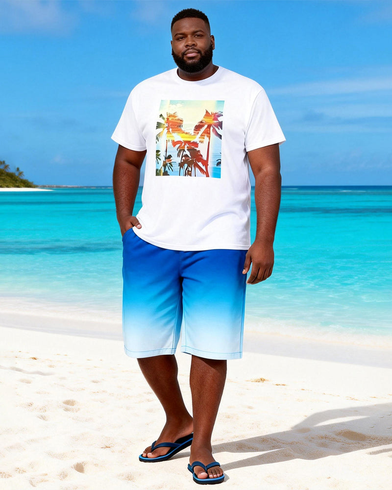 Big & Tall Men's Oil Painting Coconut Tree Print Round Neck Short Sleeve T-Shirt Shorts Set