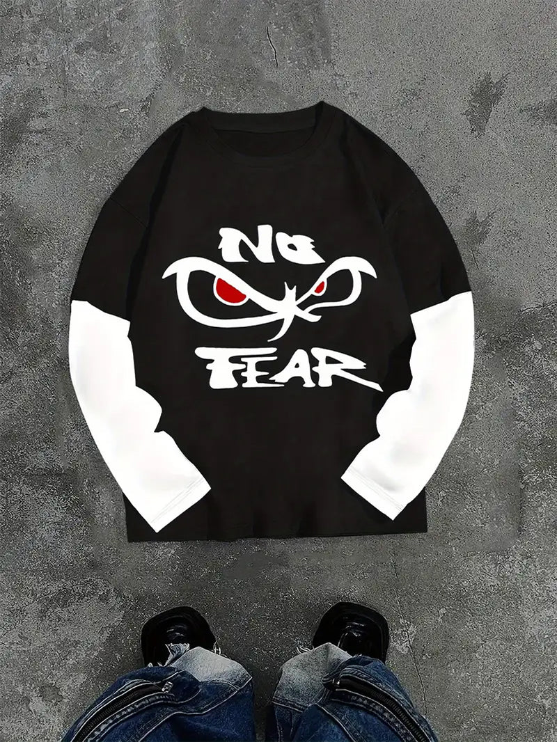 Big & Tall Men's "No Fear" Trend Graffiti Printed Fake Two Long Sleeve T-Shirts