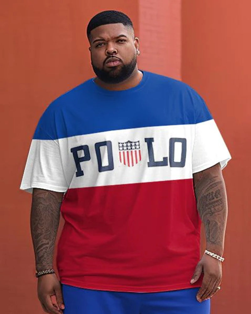 Big & Tall Men's Alphabet Flag Element Striped Print Round Neck Short Sleeve T-Shirt Shorts Set