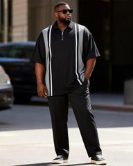 Big & Tall Men's Black And Grey Contrast Stripe Printed Zipper Polo Short Sleeve Pants Set