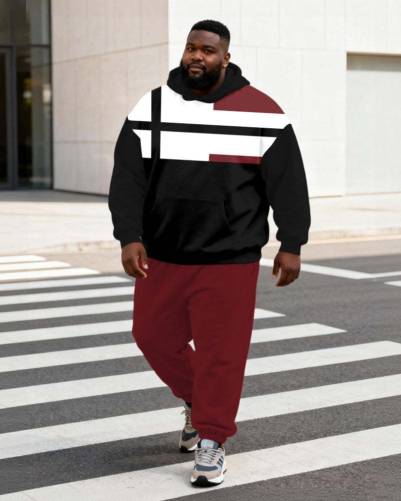 Big & Tall Men's Wine Red Contrast Geometric Print Hoodie Set